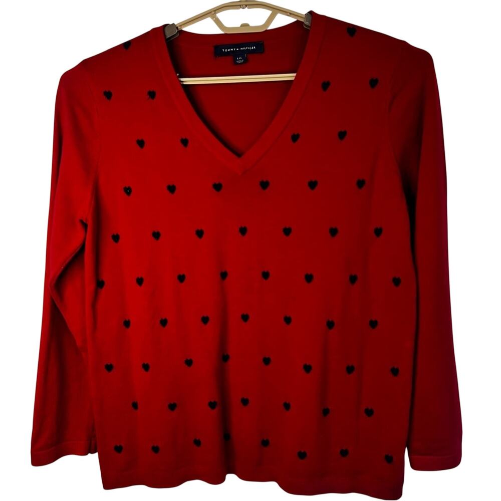 Tommy Hilfiger Red Heart V-Neck Sweater | Y2K Coquette Valentine Cotton Knit